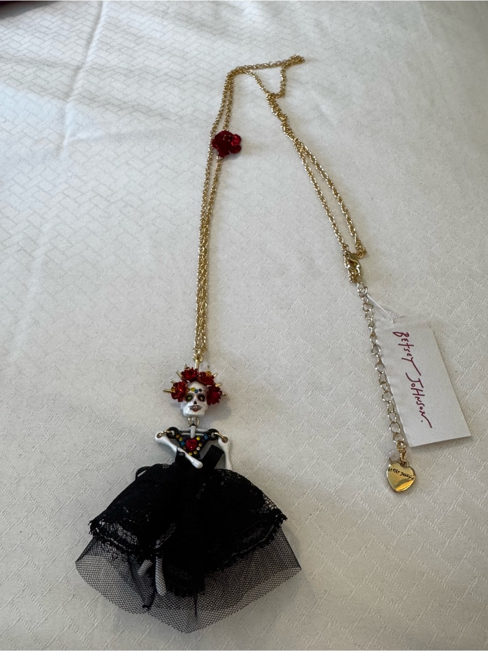 Betsey Johnson Gold-tone Necklace with Red Flower Skull Doll in Black